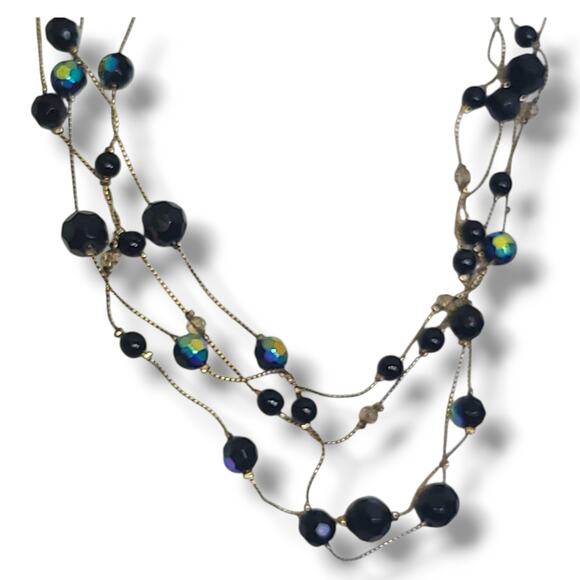 Vintage Extra Long Gold Tone Blue Black Peacock Beaded Station Necklace 72" - Picture 7 of 8